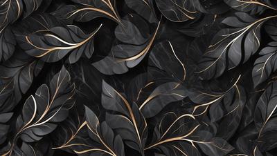 The primary subject of the image is a pattern of leaves, which are the main objects in the scene. The leaves are arranged in a black and gold color scheme, creating a visually striking and elegant pattern. The setting is a black background, which contrasts with the gold and black leaves, emphasizing their beauty. The visual style of the image is a combination of photo and digital art, as it appears to be a close-up of the leaves, yet the colors and patterns are intricately detailed. The overall atmosphere of the image is