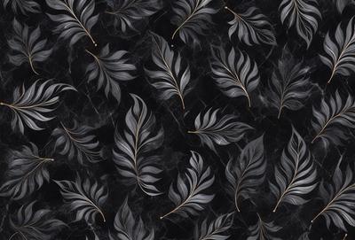 The primary subject of the image is a pattern of leaves, which are arranged in a black and white color scheme. The leaves are depicted in various shapes and sizes, creating a visually interesting and intricate design. The setting is a black background, which contrasts with the white and black leaves, emphasizing their shapes and details. The visual style of the image is a combination of digital art and illustration, showcasing the artist's skill in creating a realistic and detailed pattern. The overall atmosphere of the image is elegant and