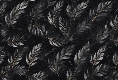The primary subject of the image is a pattern of leaves, which are arranged in a black and white color scheme. The leaves are depicted in various shapes and sizes, creating a visually interesting and artistic design. The setting is a black background, which contrasts with the white and black leaves, emphasizing their shapes and details. The visual style of the image is a combination of digital art and illustration, showcasing the artist's skill in creating intricate patterns and designs. The overall atmosphere of the image is elegant and s