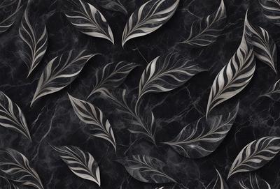 The primary subject of the image is a pattern of leaves, which are arranged in a visually appealing manner. The leaves are displayed on a black background, creating a striking contrast. The visual style of the image is a combination of photo and digital art, as it appears to be a close-up of a leaf pattern. The dominant colors in the image are black and white, with the leaves being the main focus. The overall atmosphere of the image is elegant and sophisticated, with the leaves serving as a decorative element.