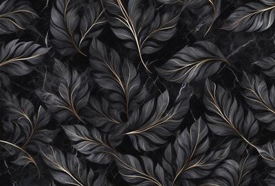 The primary subject of the image is a pattern of black and gold leaves. The setting is a black and gold marble surface, which serves as the background. The visual style is a combination of a photo and digital art, creating a unique and intricate design. The dominant colors are black and gold, giving the pattern a sophisticated and elegant appearance.