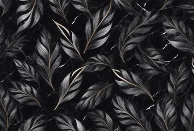 The primary subject of the image is a pattern of black and gold leaves. The setting is a black and gold marble surface, which serves as the background. The visual style is a combination of a photo and digital art, creating a unique and intricate design. The colors and mood of the image are predominantly black and gold, giving it a sophisticated and elegant appearance.