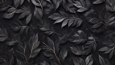 The primary subject of the image is a pattern of leaves, which are arranged in a visually appealing manner. The leaves are black and gold, creating a striking contrast against the black background. The setting appears to be a wall or a surface with a patterned design, possibly a marble or stone surface. The visual style of the image is a combination of artistic elements, such as the arrangement of the leaves and the contrasting colors, which create a unique and eye-catching pattern. The overall atmosphere of the image is elegant and