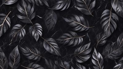 The primary subject of the image is a pattern of black and gold leaves, which are arranged in a visually appealing manner. The setting is a black marble surface, which serves as the background for the leaves. The visual style of the image is a combination of photo and digital art, creating a unique and intricate design. The dominant colors in the image are black and gold, giving it a sophisticated and elegant appearance.