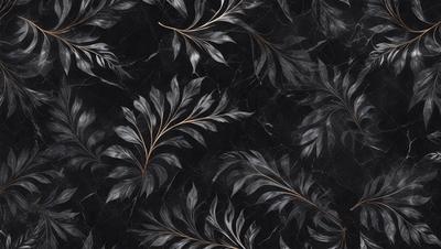 The primary subject of the image is a pattern of leaves on a black background. The leaves are arranged in a way that creates a visually appealing design. The setting is a black marble surface, which adds a sense of elegance and sophistication to the overall visual style. The image is a digital art piece, showcasing the artist's skill in creating intricate patterns and designs. The dominant colors are black and gold, giving the image a luxurious and timeless appearance.