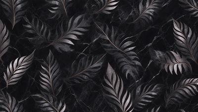 The primary subject of the image is a pattern of leaves on a black background. The leaves are arranged in a visually appealing manner, creating a sense of depth and dimension. The setting is a black marble surface, which adds to the overall visual style of the image. The colors in the image are predominantly black and grey, giving the scene a sleek and modern appearance.