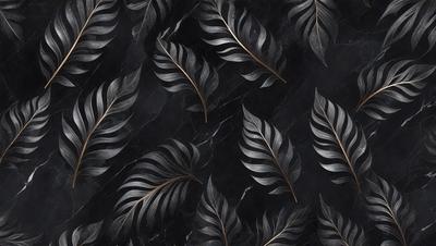 The primary subject of the image is a pattern of leaves, which are arranged in a visually appealing manner. The setting is a black background, which contrasts with the leaves, creating a striking visual effect. The visual style of the image is a combination of photo and digital art, as it appears to be a photograph of a painting or drawing of leaves. The colors and mood of the image are predominantly black and gold, giving it a sophisticated and elegant appearance.