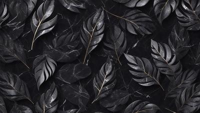 The primary subject of the image is a pattern of leaves, which are arranged in a visually appealing manner. The leaves are displayed on a black background, creating a striking contrast. The visual style of the image is a combination of photo and digital art, as it appears to be a close-up of a marble surface with the leaves printed on it. The colors and mood of the image are predominantly black and white, with the leaves adding a touch of green and natural beauty to the scene.