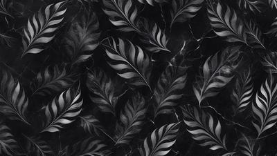 The primary subject of the image is a pattern of leaves, which are the main objects in the scene. The leaves are arranged in a black and white color scheme, creating a visually striking and elegant pattern. The setting is a black background, which contrasts with the white and black leaves, emphasizing their shapes and details. The visual style of the image is a combination of photo and digital art, as it appears to be a close-up of the leaves, yet the black and white color scheme and the overall composition suggest a digital art or