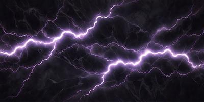 The primary subject of the image is a bright, purple lightning bolt. The setting is a dark background, possibly a marble surface, which contrasts with the vibrant purple lightning bolt. The visual style appears to be a digital art or illustration, as the lightning bolt is depicted in a stylized manner. The colors and mood of the image are predominantly purple, creating a striking and dramatic atmosphere.