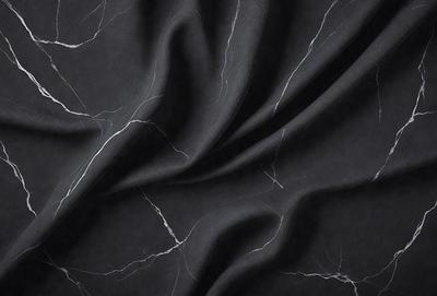The primary subject of the image is a black marble surface with a pattern of white veins. The setting is a dark room, and the visual style is a close-up of the marble surface. The colors and mood of the image are predominantly dark, with the black marble and white veins creating a striking contrast.