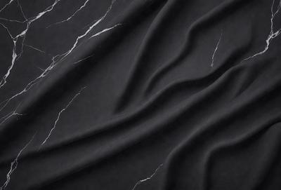 The primary subject of the image is a black fabric with a pattern of white stripes. The setting is a black background, which contrasts with the fabric. The visual style is a close-up of the fabric, showcasing its texture and pattern. The colors and mood of the image are predominantly dark, with the white stripes providing a subtle contrast.