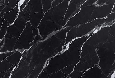 The primary subject of the image is a marble countertop with a black and white pattern. The setting is a kitchen, and the visual style is a close-up of the marble countertop. The colors and mood of the image are predominantly black and white, giving it a classic and elegant appearance.