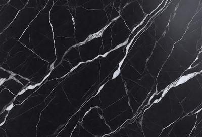 The primary subject of the image is a marble countertop with a black and white pattern. The setting is a kitchen, and the visual style is a close-up of the marble countertop. The colors and mood of the image are predominantly black and white, giving it a classic and elegant appearance.