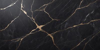 The primary subject of the image is a black marble countertop with gold veins. The setting is a kitchen, and the visual style is a close-up of the marble countertop. The dominant colors are black and gold, creating a luxurious and elegant atmosphere.