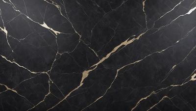 The primary subject of the image is a black marble countertop with gold veins. The setting is a kitchen, and the visual style is a close-up of the marble countertop. The dominant colors are black and gold, creating a luxurious and elegant atmosphere.