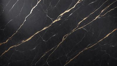 The primary subject of the image is a black marble countertop with gold veins running through it. The setting is a kitchen, and the visual style is a close-up of the marble countertop. The colors and mood of the image are predominantly black and gold, giving it a luxurious and elegant appearance.