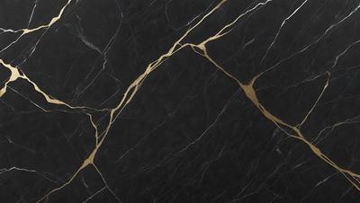 The primary subject of the image is a black marble countertop with gold accents. The setting is a kitchen or bathroom counter, and the visual style is a close-up of the countertop. The dominant colors are black and gold, creating a luxurious and elegant atmosphere.