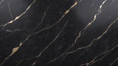 The primary subject of the image is a marble countertop with a black background. The countertop features a pattern of gold and black stripes, giving it a luxurious and elegant appearance. The visual style of the image is a close-up of the marble countertop, highlighting its unique texture and design. The colors and mood of the image are predominantly black and gold, creating a sophisticated and timeless atmosphere.