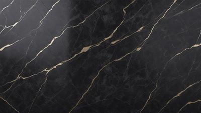 The primary subject of the image is a marble countertop with a black background. The countertop features a pattern of gold streaks, giving it a luxurious and elegant appearance. The visual style of the image is a close-up of the marble countertop, highlighting its unique texture and design. The colors and mood of the image are predominantly black and gold, creating a sophisticated and timeless atmosphere.