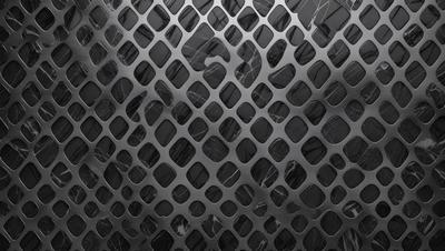 The primary subject of the image is a close-up of a metal grate with a pattern of small squares. The setting is a dark room, and the visual style appears to be a photo. The dominant colors are black and silver, creating a moody atmosphere.