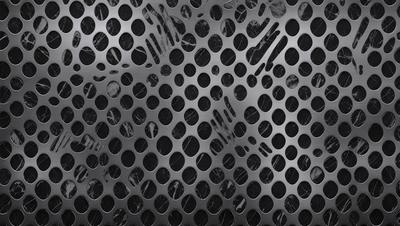 The primary subject of the image is a close-up of a metal grate with a pattern of holes. The setting is a black background, which contrasts with the metal grate. The visual style is a close-up of the grate, showcasing its texture and pattern. The colors and mood of the image are predominantly black, giving it a sleek and modern appearance.