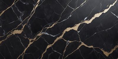 The primary subject of the image is a black and gold marble pattern. The setting is a black background, and the visual style is a close-up of the marble pattern. The colors and mood of the image are dark and dramatic, with the gold accents adding a touch of warmth to the overall atmosphere.