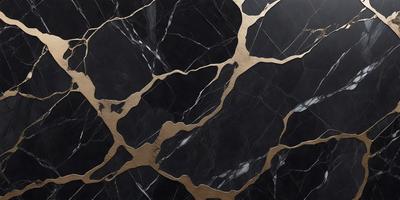 The primary subject of the image is a black and gold marble pattern. The setting is a black marble surface, and the visual style is a close-up of the marble pattern. The colors and mood of the image are predominantly black and gold, creating a luxurious and elegant atmosphere.