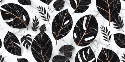 The primary subject of the image is a collection of black and white leaves arranged on a white marble surface. The leaves are displayed in various shapes and sizes, creating a visually appealing pattern. The setting is a white marble countertop, which serves as the background for the leaves. The visual style of the image is a combination of digital art and illustration, as the leaves are carefully arranged and the overall composition is well-executed. The colors and mood of the image are predominantly black and white, giving it a