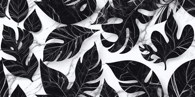 The primary subject of the image is a pattern of white and black leaves on a black and white marble surface. The setting is a black and white background, which adds to the visual style of the image. The overall atmosphere is elegant and sophisticated, with the contrasting colors and intricate design of the leaves creating a striking visual effect.