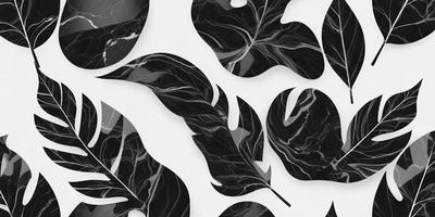The primary subject of the image is a pattern of black and white leaves. The setting is a white background, and the visual style appears to be a combination of a photo and digital art. The dominant colors are black and white, creating a classic and elegant atmosphere.