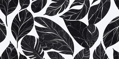 The primary subject of the image is a black and white pattern featuring a leafy design. The setting is a white background, which contrasts with the black and white pattern. The visual style is a combination of a photo and a digital art, illustration, or drawing. The dominant colors are black and white, creating a classic and elegant atmosphere.