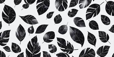 The primary subject of the image is a pattern of leaves, which are the main objects in the scene. The leaves are depicted in various sizes and orientations, creating a visually interesting and dynamic pattern. The setting is a black and white background, which adds a classic and timeless feel to the image. The visual style is a combination of digital art and illustration, as the leaves are carefully crafted and arranged to create a cohesive and appealing design. The colors and mood of the image are predominantly black and