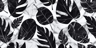 The image features a black and white pattern of leaves on a white marble surface. The leaves are arranged in a circular pattern, creating a visually striking design. The overall atmosphere of the image is elegant and sophisticated, with the contrast between the black and white leaves and the white marble surface adding a sense of depth and dimension to the composition.