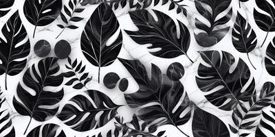The primary subject of the image is a pattern of black and white leaves, which are arranged in a visually appealing manner. The setting is a white marble surface, which serves as the background for the pattern. The visual style of the image is a combination of photo and digital art, creating a unique and intricate design. The dominant colors in the image are black and white, giving it a classic and elegant appearance.