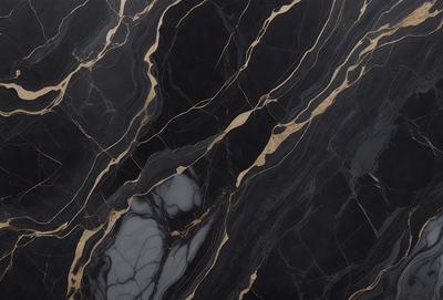 The primary subject of the image is a marble countertop with a black and gold pattern. The setting is a kitchen, and the visual style is a close-up of the countertop. The dominant colors are black and gold, creating a luxurious and elegant atmosphere.