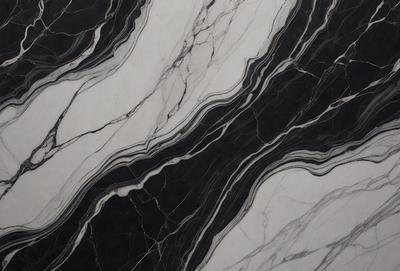 The primary subject of the image is a marble countertop with a black and white pattern. The setting is a kitchen, and the visual style is a photo. The countertop has a black and white marble pattern, and the overall atmosphere is elegant and sophisticated.