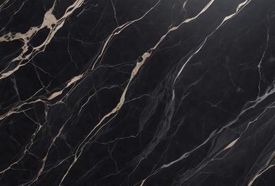 The primary subject of the image is a marble countertop with a black and gold pattern. The setting is a kitchen, and the visual style is a close-up of the marble countertop. The colors and mood of the image are predominantly black and gold, giving it a luxurious and elegant appearance.
