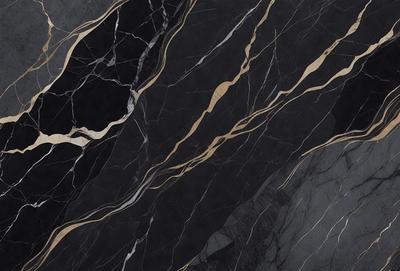 The primary subject of the image is a marble countertop with a black and gold pattern. The setting is a kitchen, and the visual style is a close-up of the countertop. The dominant colors are black and gold, creating a luxurious and elegant atmosphere.