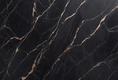 The primary subject of the image is a marble countertop with a black and gold pattern. The setting is a kitchen, and the visual style is a close-up of the marble countertop. The dominant colors are black and gold, creating a luxurious and elegant atmosphere.
