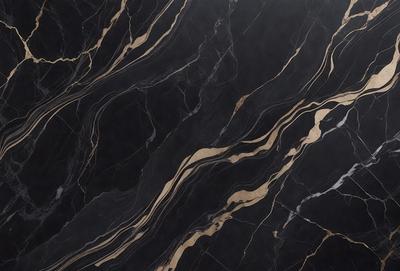 The primary subject of the image is a marble countertop with a black and gold pattern. The setting is a kitchen, and the visual style is a close-up of the marble countertop. The dominant colors are black and gold, creating a luxurious and elegant atmosphere.