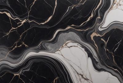 The primary subject of the image is a marble countertop with a black and white pattern. The setting is a kitchen, and the visual style is a close-up of the countertop. The colors and mood of the image are predominantly black and white, giving it a classic and elegant appearance.