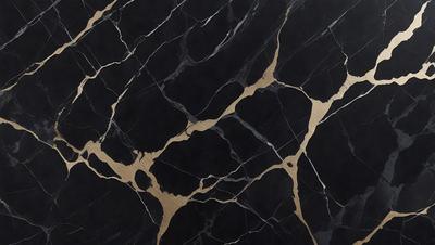 The primary subject of the image is a black marble countertop with gold veins. The setting is a kitchen, and the visual style is a close-up of the marble countertop. The dominant colors are black and gold, creating a luxurious and elegant atmosphere.