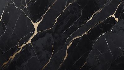 The primary subject of the image is a black and gold marble pattern. The setting is a black background, and the visual style appears to be a digital art or illustration. The dominant colors are black and gold, creating a luxurious and elegant atmosphere.