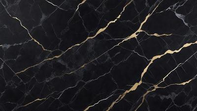 The primary subject of the image is a marble countertop with a gold-colored pattern. The setting is a kitchen, and the visual style is a close-up of the marble countertop. The colors and mood of the image are predominantly black and gold, giving it a luxurious and elegant appearance.