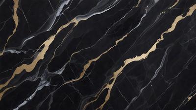 The primary subject of the image is a marble countertop with a gold-colored design. The setting is a kitchen, and the visual style is a close-up of the marble countertop. The colors and mood of the image are predominantly black and gold, giving it a luxurious and elegant appearance.