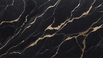 The primary subject of the image is a marble countertop with a gold pattern. The setting is a kitchen, and the visual style is a close-up of the marble countertop. The dominant colors are black and gold, creating a luxurious and elegant atmosphere.