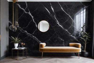 The primary subject of the image is a large, black marble wall with a mirror on it. The setting is a living room, and the visual style is a photo. The dominant colors are black and white, creating a modern and sophisticated atmosphere.