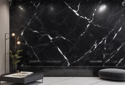 The primary subject of the image is a black marble wall with a patterned design. The setting is a room with a couch and a coffee table. The visual style is a photo, and the dominant colors are black and white. The overall atmosphere is elegant and sophisticated.