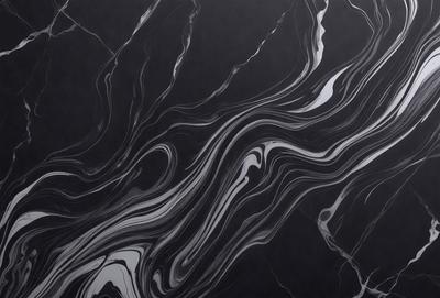 The primary subject of the image is a black and white marble pattern. The setting is a dark background, which contrasts with the marble pattern. The visual style is a close-up of the marble pattern, showcasing its intricate details. The colors and mood of the image are predominantly dark, with the marble pattern providing a sense of depth and texture.